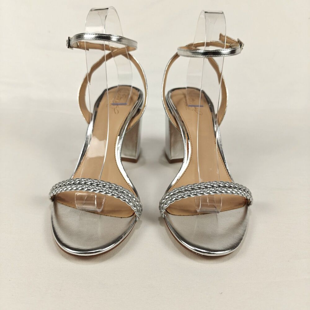 Jewel Badgley Mischka Suri Silver Metallic Block Heel Sandal Size 10 Party Comfy - Picture 4 of 10